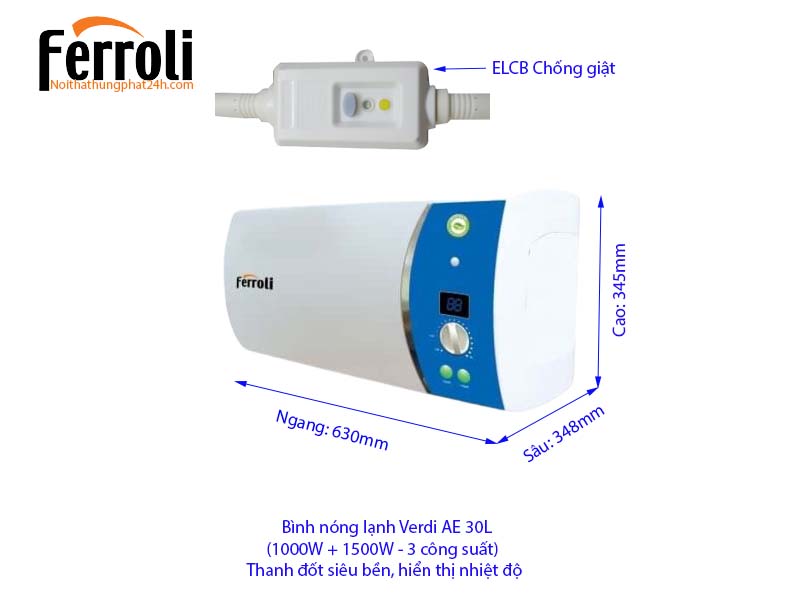 Chi tiết bình nóng lạnh Ferroli gián tiếp Verdi AE 30L