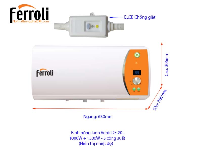 Chi tiết bình nóng lạnh Ferroli gián tiếp Verdi DE 20L