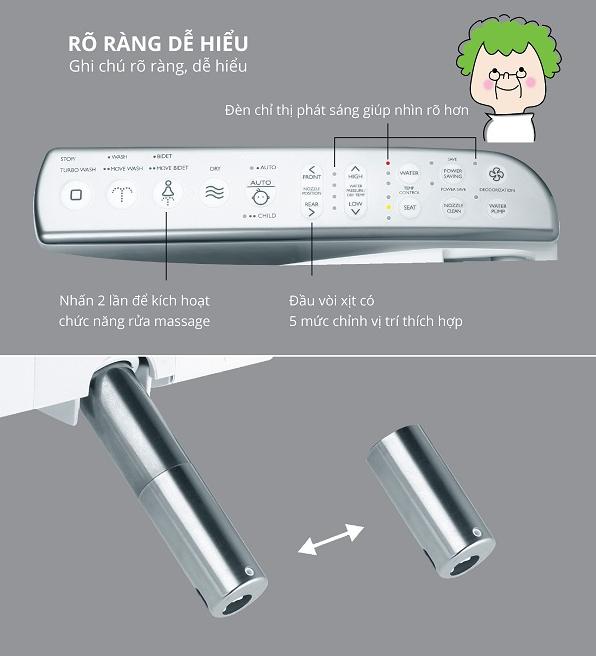 Bảng điều khiển nắp bàn cầu Caesar-CD1340-TAF 200H rõ ràng dễ hiểu, có chức năng Masage, đầu vòi rửa bằng inox tháo được