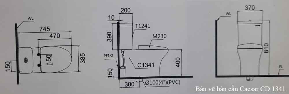 Bản vẽ kỹ thuật bàn cầu caesar CD1341+TAF400H