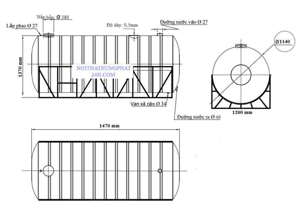 Bản vẽ bồn chứa nước inox 304 Sơn Hà 1.500L Nằm Ngang