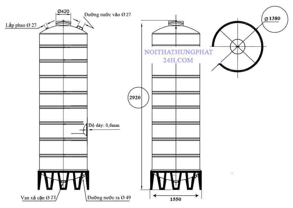 Bản vẽ bồn chứa nước inox sơn hà 4000 Lít đứng