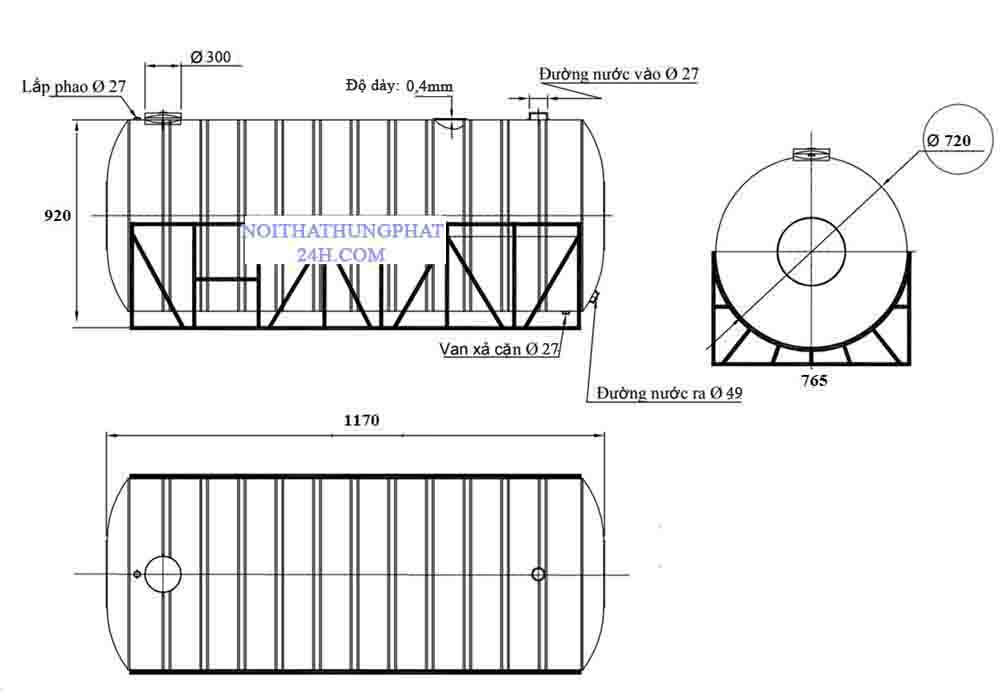 Bản vẽ bồn chứa nước inox 304 Sơn Hà 500L Nằm Ngang