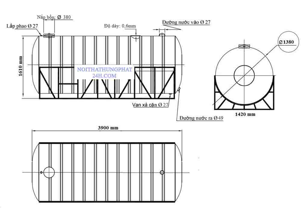 Bản vẽ bồn chứa nước inox 304 Son Hà 6000 Lít nằm ngang