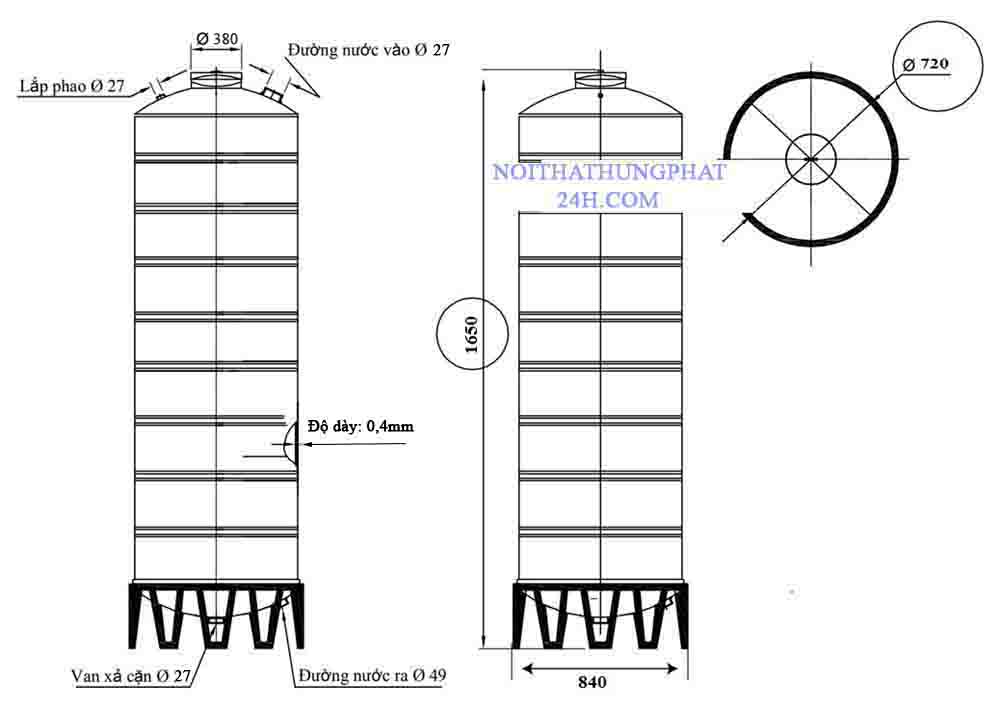 Bản vẽ bồn chứa nước inox sơn hà 700 lít đứng