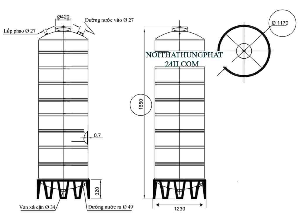Kích thước bồn chứa nước inox đại thành 1500 lít đứng