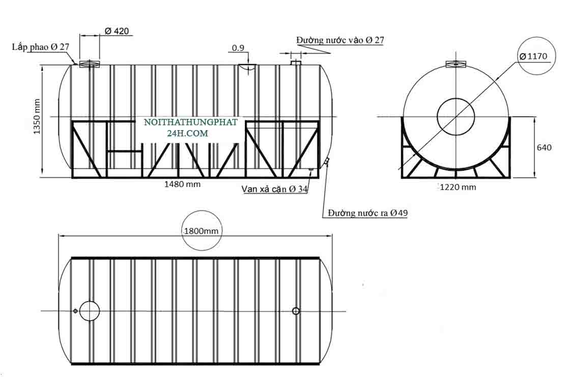 Bản vẽ bồn chứa nước inox đại thành 2000 lít nằm ngang