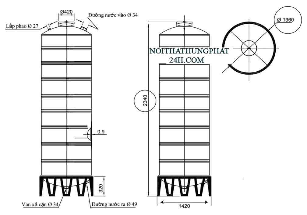 Bản vẽ kích thước bồn chứa nước inox đại thành 3000 lít đứng