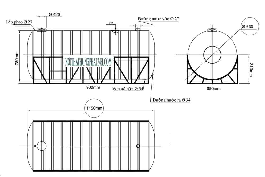 Bản vẽ bồn chứa nước inox 310 lít nằm ngang