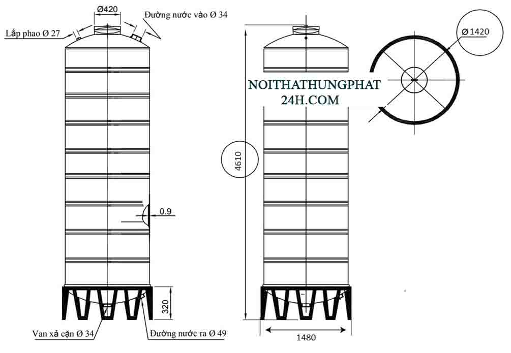 Bản vẽ bồn chứa nước inox đại thành 6000 lít đứng