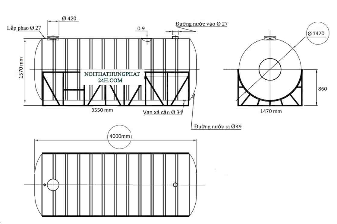 Bản vẽ kích thước bồn chứa nước inox đại thành 6000 lít nằm ngang