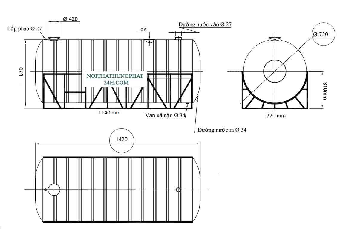 Bản vẽ bồn chứa nước inox đại thành 700 lít nằm ngang