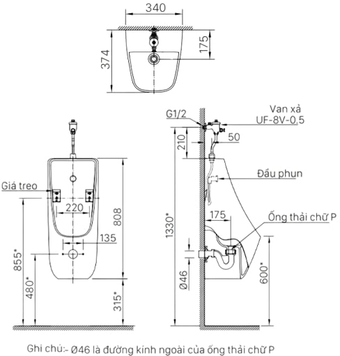 Bản vẽ kỹ thuật Bồn Tiểu Nam Inax AU-468V Treo Tường