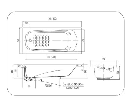 Bồn tắm Ocean Inax FBV-1500R màu trắng dài 1500mm