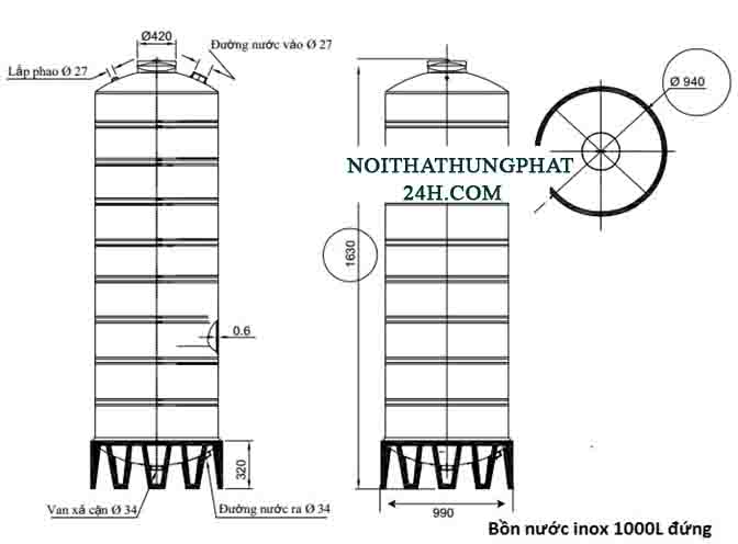 Bản vẽ bồn chứa nước inox đại thành 1000 lít đứng với kích thước chính xác nhất