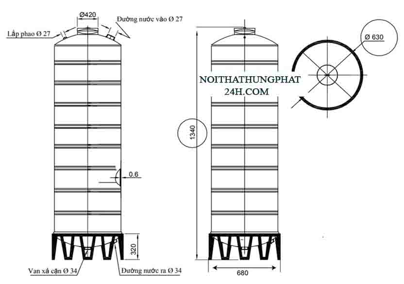 Bản vẽ bồn chứa nước inox Đại Thành 310 lít đứng
