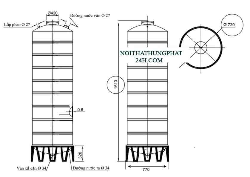 Kích thước bồn chứa nước inox đại thành 700 lít đứng 