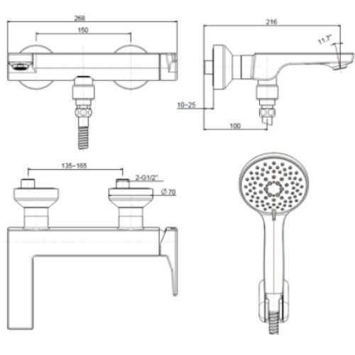 Bản vẽ kỹ thuật vòi sen tắm nóng lạnh American Standard WF-0811