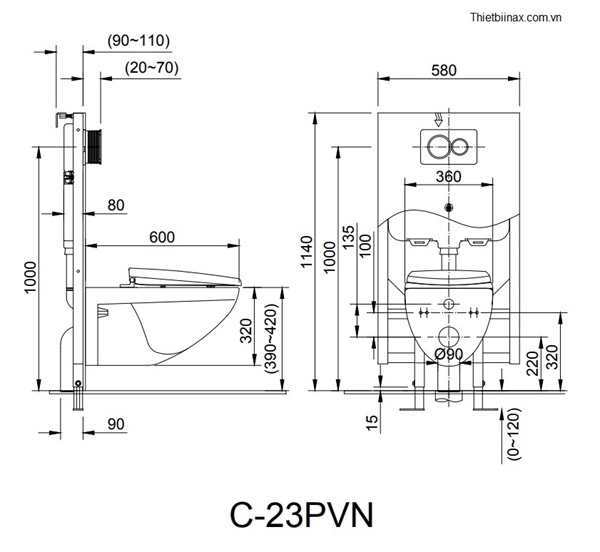  Minh họa kích thước bồn cầu Inax treo tường