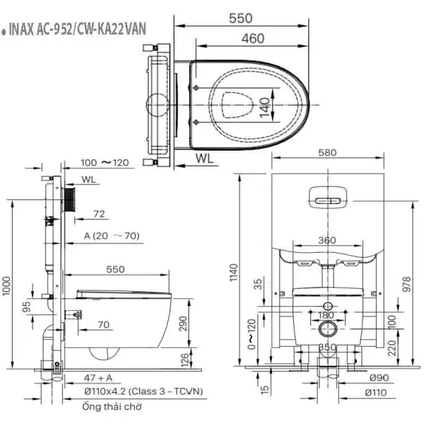 Bồn Cầu Nắp Điện Tử INAX AC-952/CW-KA22AVN Treo Tường