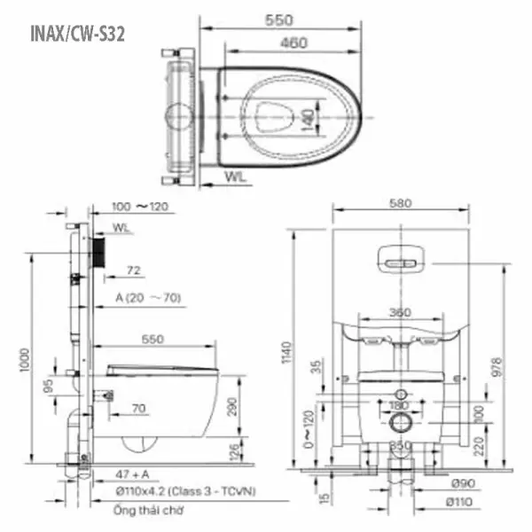 Bồn Cầu Treo Tường Nắp Rửa Cơ INAX AC-952+CW-S32VN