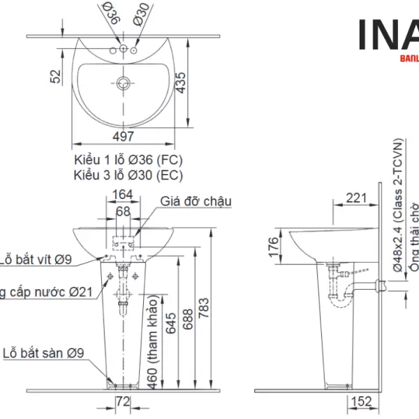 Chậu rửa mặt lavabo treo tường Inax  L-285V và chân dài L-288VD