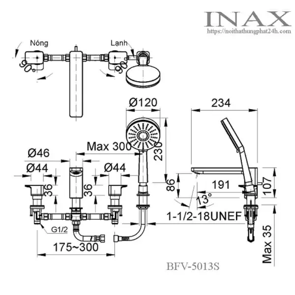 Sen Tắm Nóng Lạnh Gắn Bồn Inax BFV-5013S