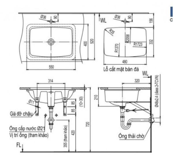 Kích thước Lavabo âm bàn hình chữ nhật thích hợp cho các phòng tắm master 