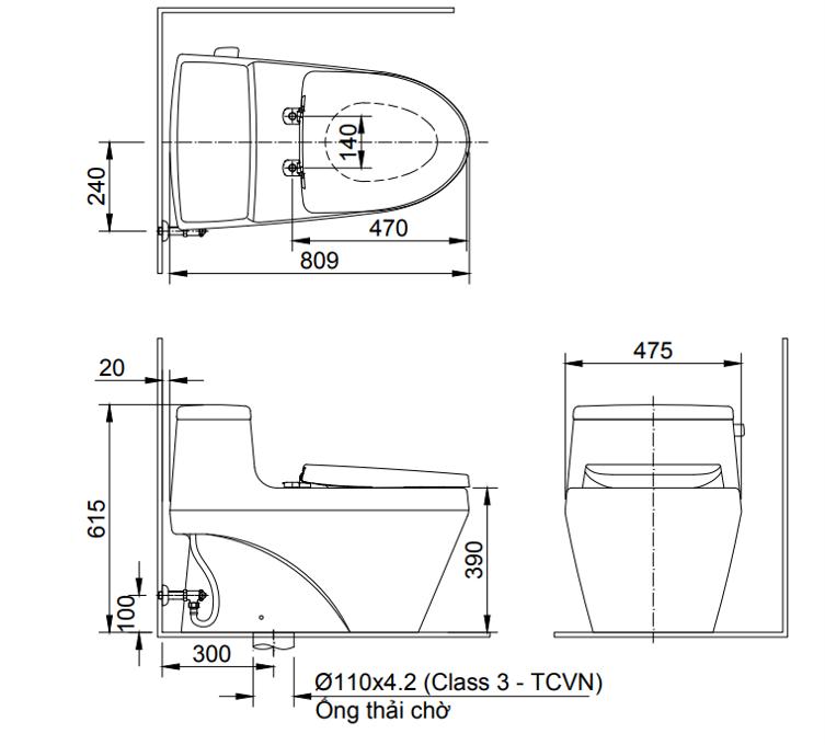 Bản vẽ bồn Cầu Inax 1 Khối AC-1135VN