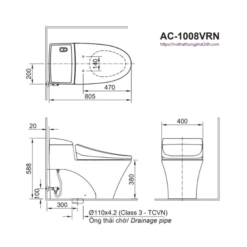 Bản vẽ bồn cầu Inax 1 khối AC-1008VRN