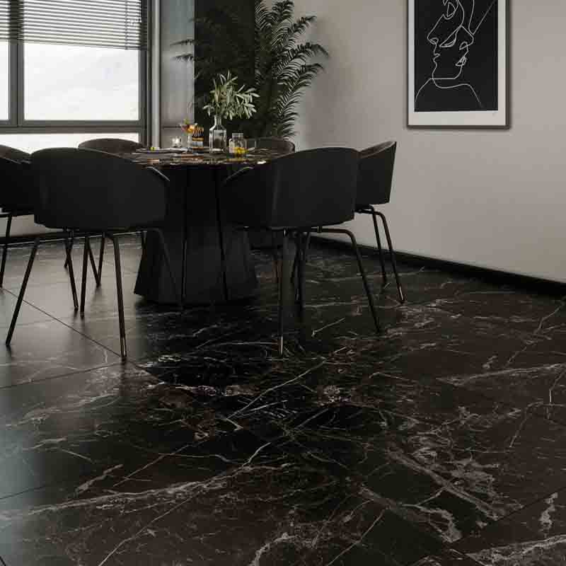 Gạch Đồng Tâm 80x80 PHARAON005 sở hữu tông đen mạnh mẽ kết hợp vân đá tinh xảo, mang lại vẻ đẹp hiện đại và đẳng cấp cho mọi không gian
