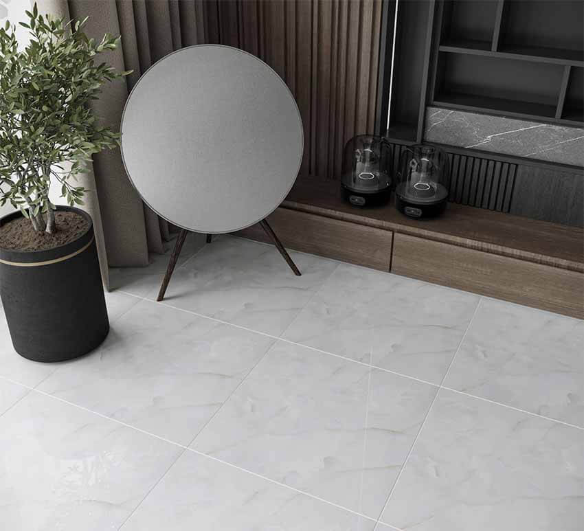 Gạch Đồng Tâm 6060VAMCODONG002-FP chất liệu Porcelain siêu bền, vân đá xám sang trọng, bề mặt bóng dễ vệ sinh, ứng dụng linh hoạt, thuộc BST Vàm Cỏ mang giá trị văn hóa