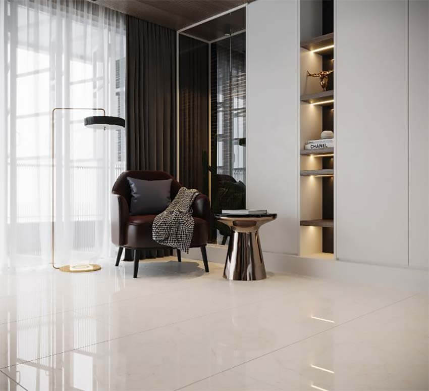 Gạch lát nền 60x60 Đồng Tâm VAMCODONG005-FP màu kem vân đá thanh lịch và bề mặt men bóng sang trọng