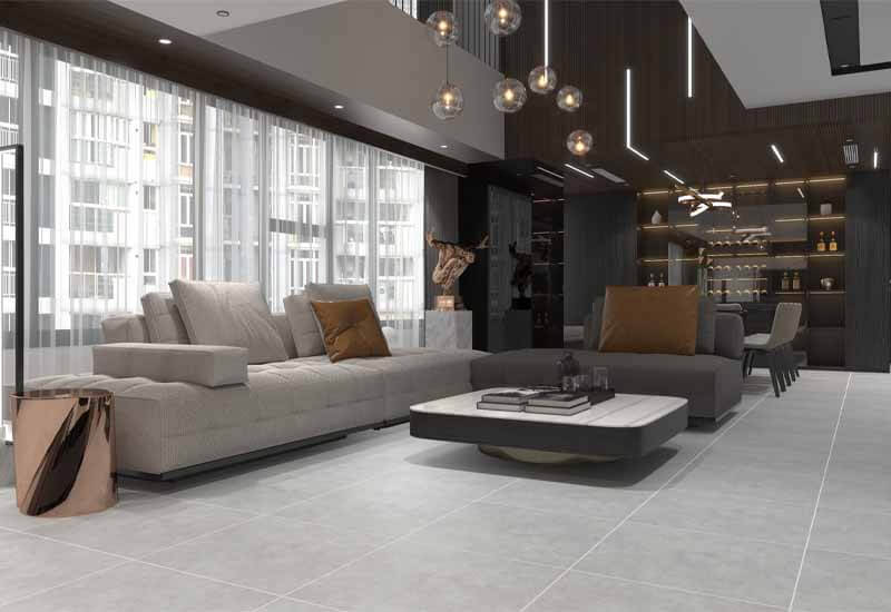 Gạch Đồng Tâm 6060VICTORIA002 vân cát tinh tế và tông màu xám hiện đại, màu sắc và hoa văn chân thực, sống động, tạo nên một không gian hài hòa