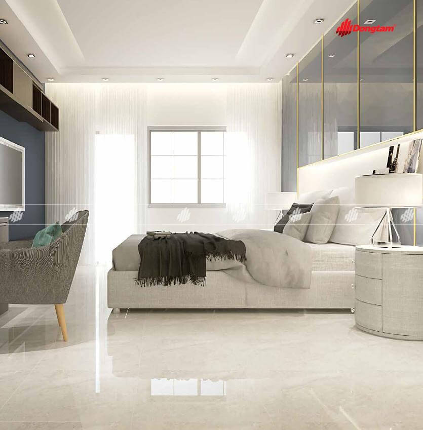 Gạch lát nền 60x60 Đồng Tâm TRUONGSON005-FP bề mặt men mài bóng, hoa văn vân đá nhẹ nhàng, tông kem trang nhã, phù hợp nhiều không gian nội thất