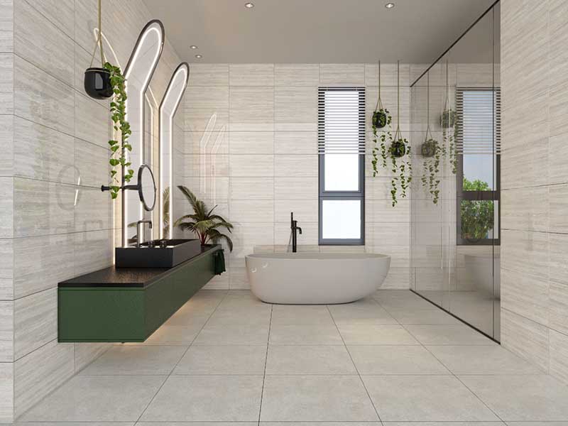 Toàn cảnh gạch ốp nhà vệ sinh 30x60 Đồng Tâm CLOUD005 trong không gian nhà vệ sinh hiện đại