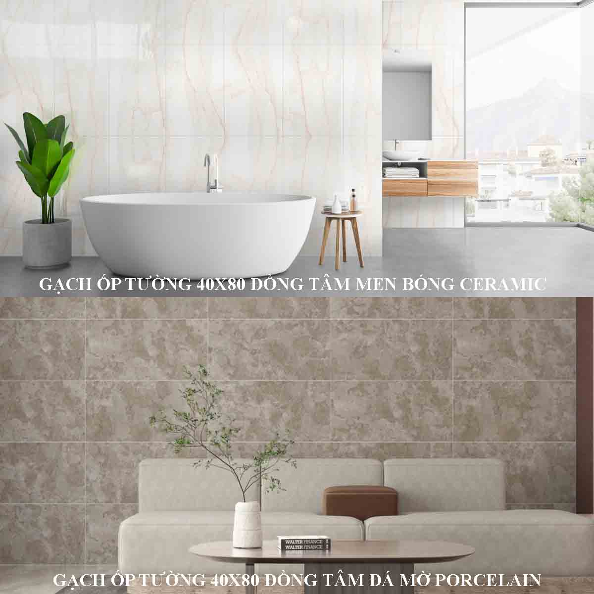 Gạch ốp tường 40x80 Đồng Tâm – kích thước lớn, hoa văn đa dạng, bền đẹp và dễ thi công, mang đến không gian sang trọng và an toàn cho gia đình