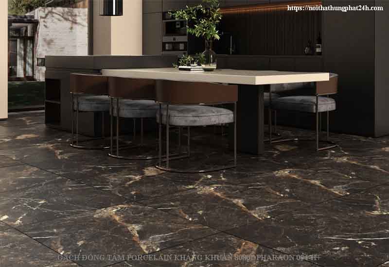 Gạch Đồng Tâm 80x80 PHARAON004-H+ màu đen sang trọng, vân đá tự nhiên, bề mặt mờ nhám kháng khuẩn – giải pháp hoàn hảo cho không gian hiện đại.