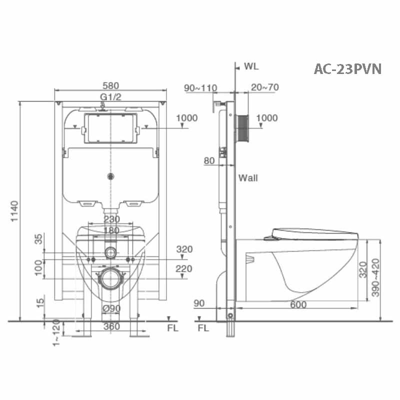 Bản vẽ bồn cầu Inax AC-23PVN treo tường