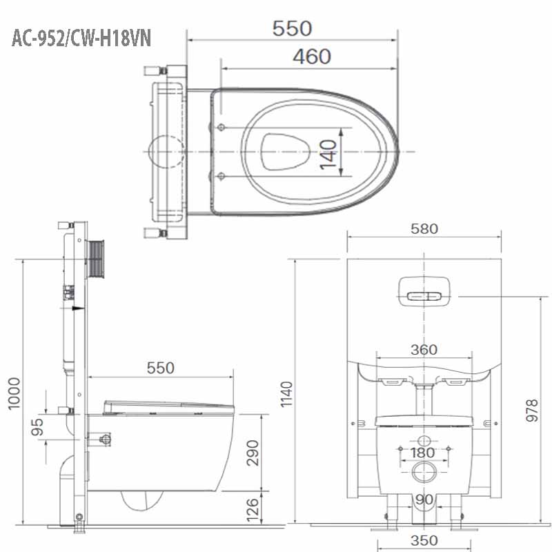 Bản vẽ bồn cầu treo tường thông minh Inax AC-952/CW-H18VN