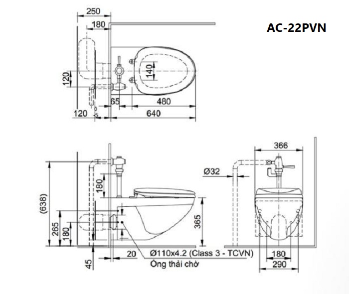 Bản vẽ bồn cầu Inax AC-952/CW-H20VN treo tường nắp rửa điện tử