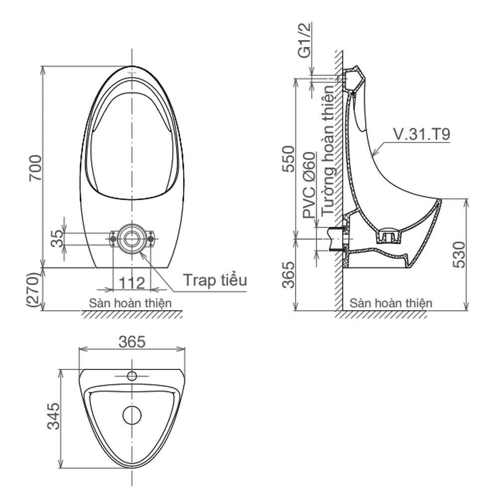 bồn tiểu nam treo tường Viglacera T9 