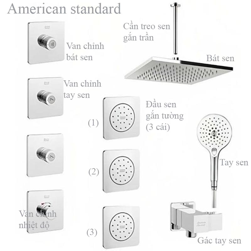 Vòi sen âm trần American Standard là sản phẩm cao cấp, thiết kế hiện đại với các chi tiết ẩn tinh tế trong tường và trần phòng tắm.