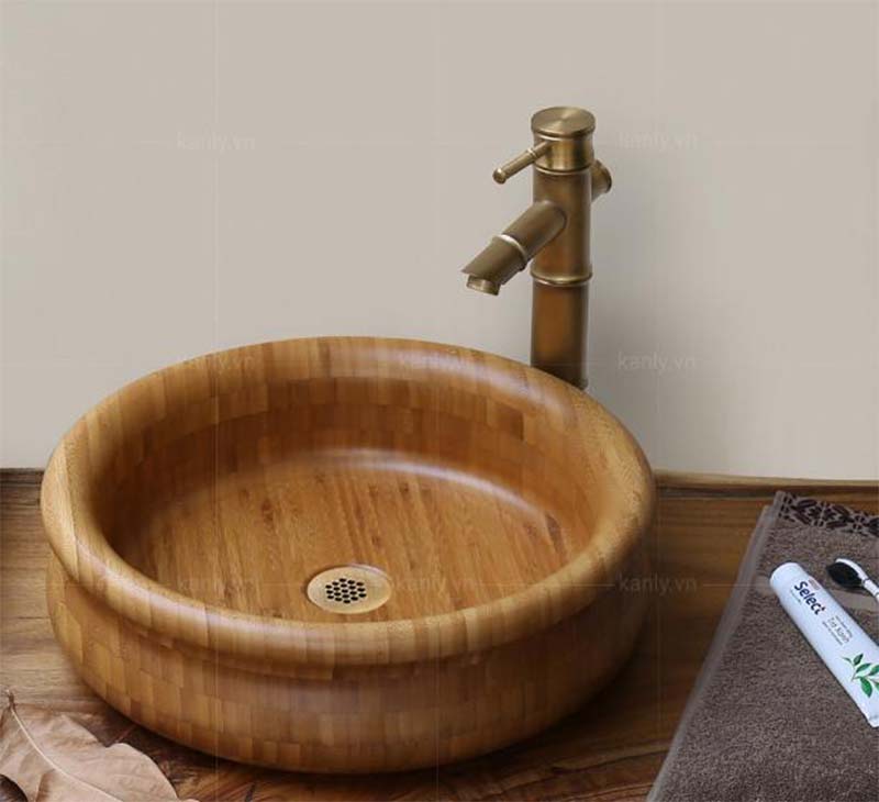 Bồn rửa mặt lavabo gỗ mang đến vẻ ấm cúng và gần gũi cho không gian phòng tắm