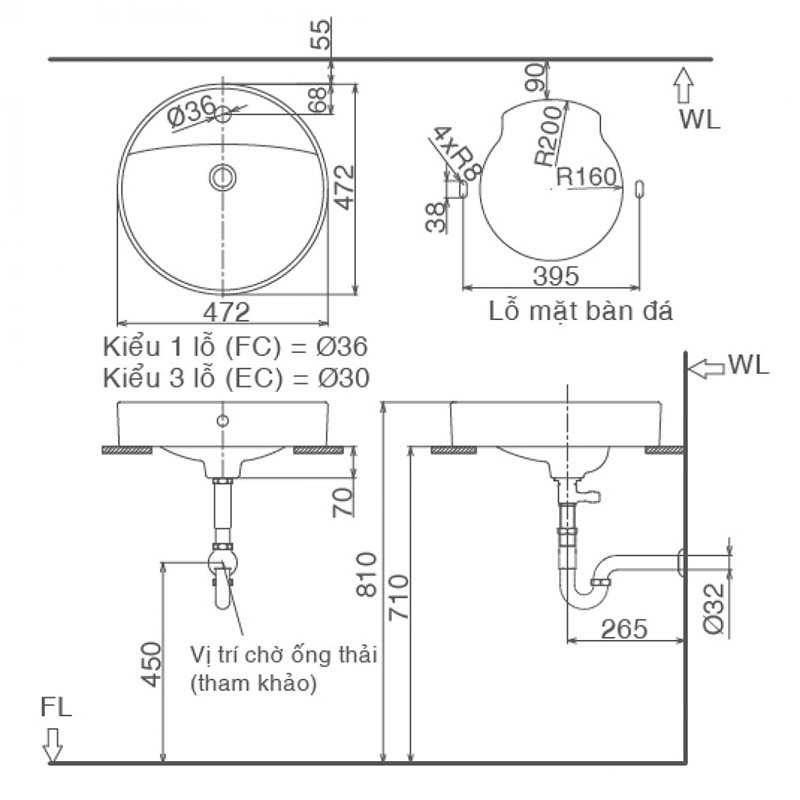 Bản vẽ chậu rửa mặt lavabo đặt bàn Inax AL-294V