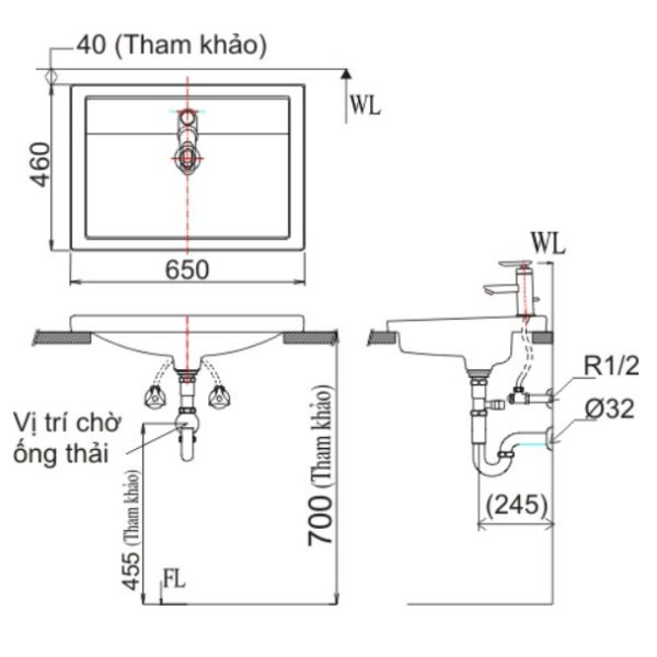 Thông số chậu rửa mặt lavabo dương bàn Inax AL-2397V