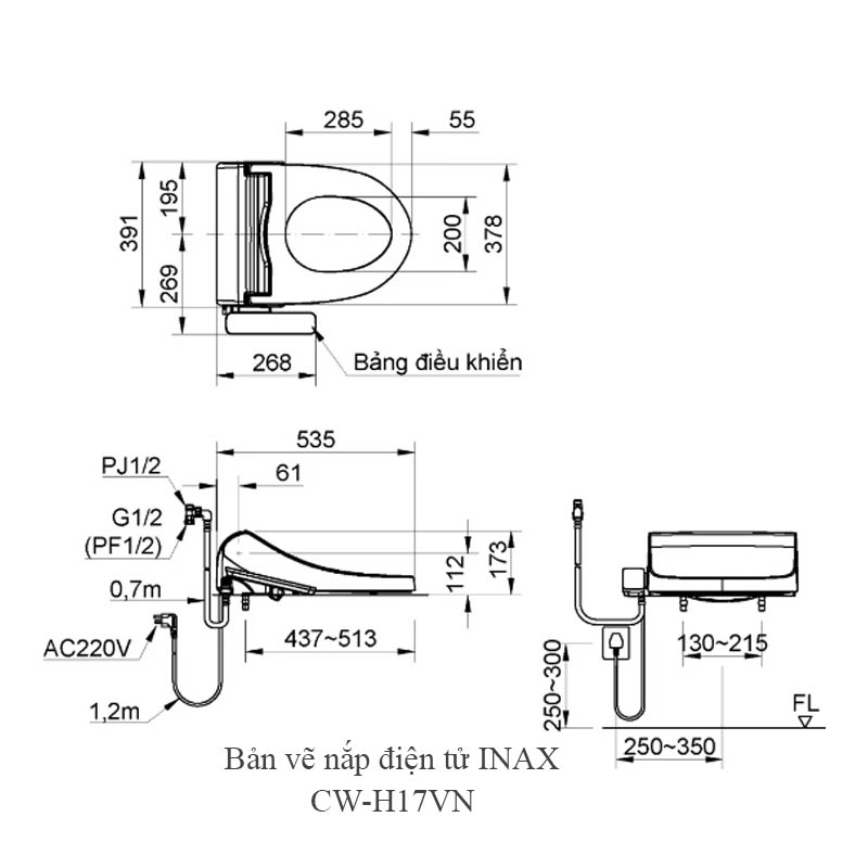 Bản vẽ kỹ thuật nắp rửa điện tử Inax CW-H17VN