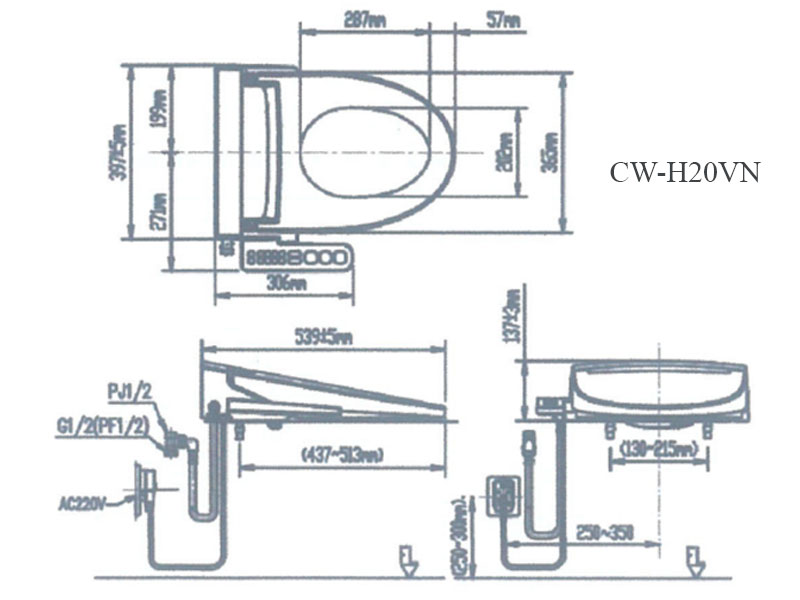 Bản vẽ kỹ thuật nắp rửa điện tử INAX CW H20VN