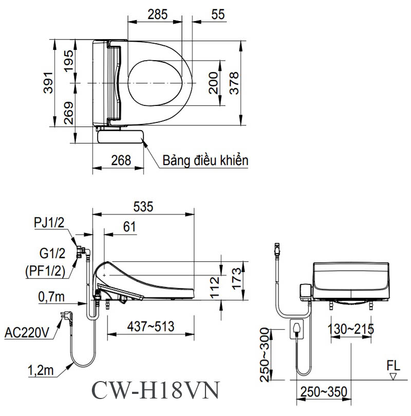 Bản vẽ nắp rửa điện tử thông minh inax cw-h18vn