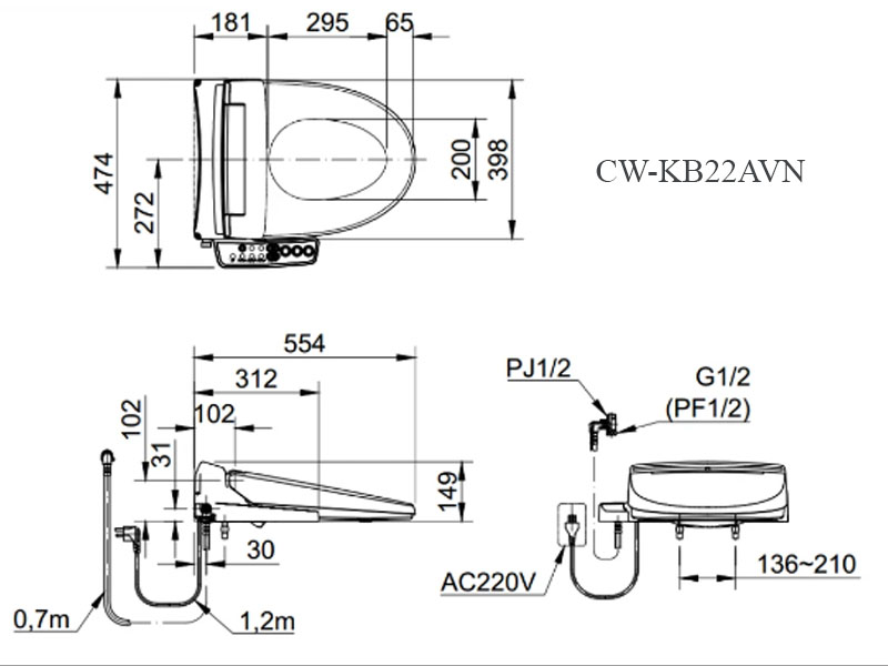 Bản vẽ kỹ thuật nắp bồn cầu thông minh điện tử Inax CW-KB22AVN